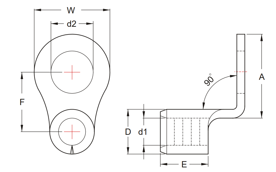 Bản vẽ kỹ thuật Đầu Cosse Tròn Trần 90 Độ KST 2 mm2 RNBL2-4-90D