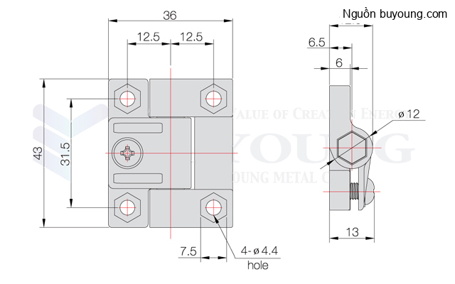 Bản vẽ kỹ thuật Bản Lề Nhựa Polyacetal Màu Đen Buyoung 36x43 BYHL079