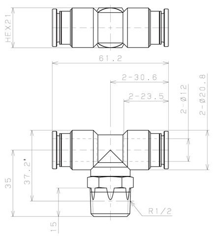 Bản vẽ kỹ thuật Đầu Nối Nhanh Khí Nén Dạng Chữ T Ren Ngoài Pisco KB12-04-1-F