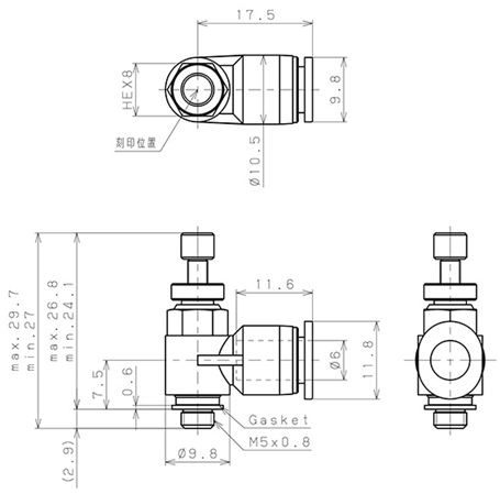 Bản vẽ kỹ thuật Van Tiết Lưu Khí Nén Cong 90° OD 6mm Ren Ngoài M5 Pisco JSC6-M5A