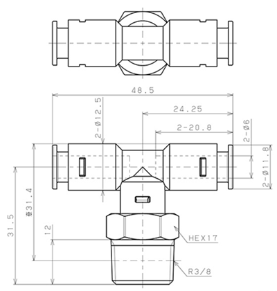 Bản vẽ kỹ thuật Đầu Nối Nhanh Khí Nén Dạng Chữ T Ren Ngoài Pisco APB6-03-E