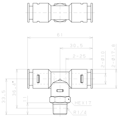Bản vẽ kỹ thuật Đầu Nối Nhanh Khí Nén Dạng Chữ T Ren Ngoài Pisco APB10-02-E