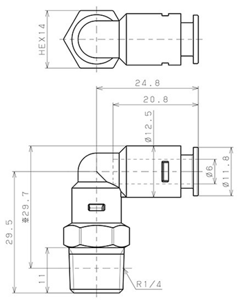 Bản vẽ kỹ thuật Đầu Nối Nhanh Khí Nén Dạng Cong 90° Ren Ngoài Pisco APL6-02-N-TP