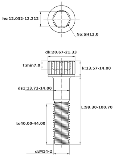 Bản vẽ kỹ thuật Lục Giác Chìm Đầu Trụ Inox 304 DIN912 M14x100 Ren Lửng