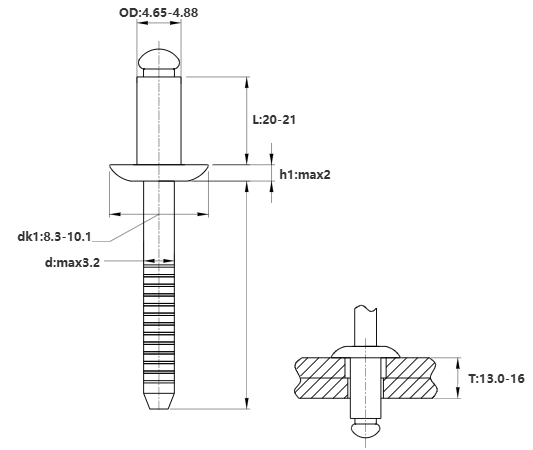 Bản vẽ kỹ thuật Rivet Inox 304 OD4.8x20mm (100 Cái)