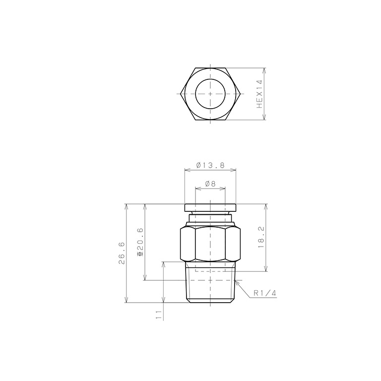 Bản vẽ kỹ thuật Đầu Nối Nhanh Khí Nén Dạng Thẳng Thân Lục Giác Ren Ngoài Pisco SPC8-02-UC