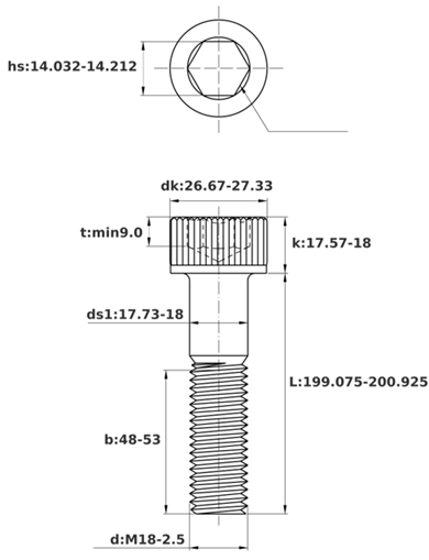 Bản vẽ kỹ thuật Lục Giác Chìm Đầu Trụ Thép Đen 12.9 DIN912 M18x200 Ren Lửng