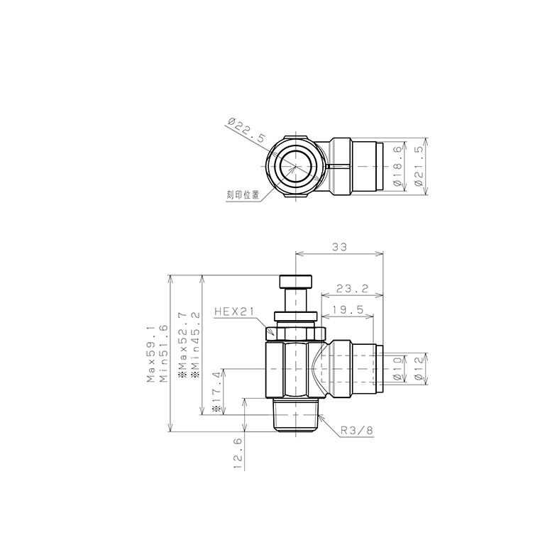 Bản vẽ kỹ thuật Van Tiết Lưu Khí Nén Bằng Đồng Mạ Niken Pisco KJSC10-03B