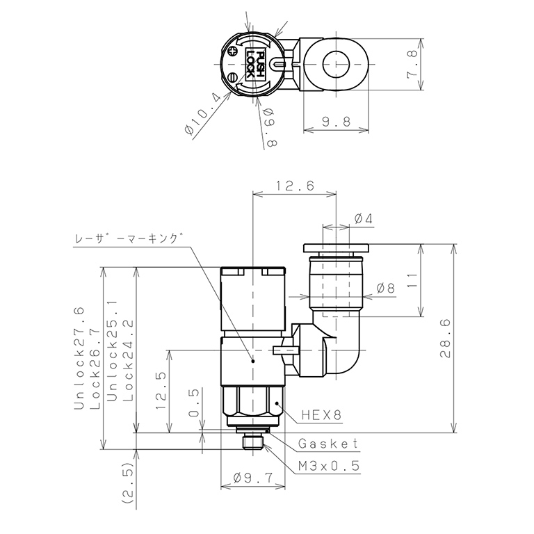 Bản vẽ kỹ thuật Van Tiết Lưu Khí Nén Loại Khóa Đẩy Có Hiển Thị Chỉ Số Pisco JSGS4-M3BLW