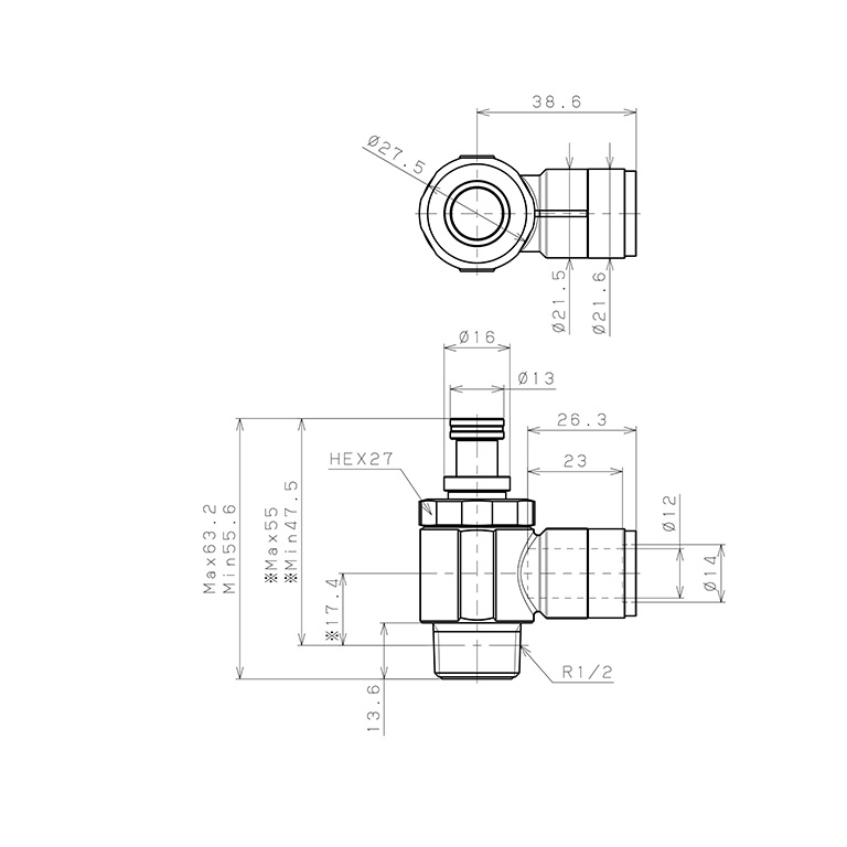 Bản vẽ kỹ thuật Van Tiết Lưu Khí Nén Chân Kim, Đồng Mạ Niken Pisco KJNC12-04-F