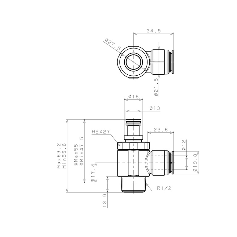 Bản vẽ kỹ thuật Van Tiết Lưu Khí Nén Chân Kim, Đồng Mạ Niken Pisco KJNC12-04-1