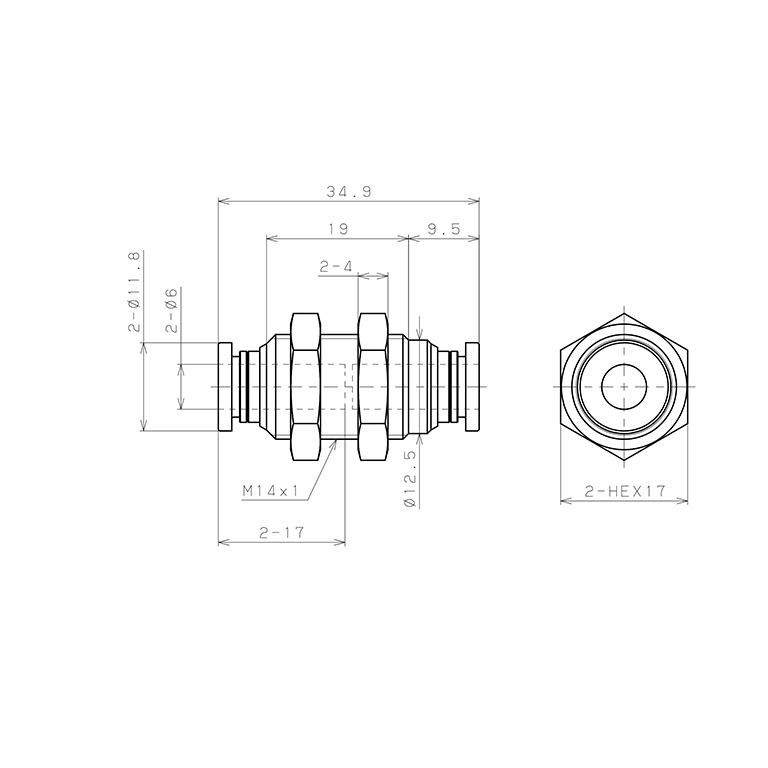 Bản vẽ kỹ thuật Đầu Nối Nhanh Khí Nén Dạng Thẳng Ren Ngoài Lắp Kẹp Vách Pisco PM6-C
