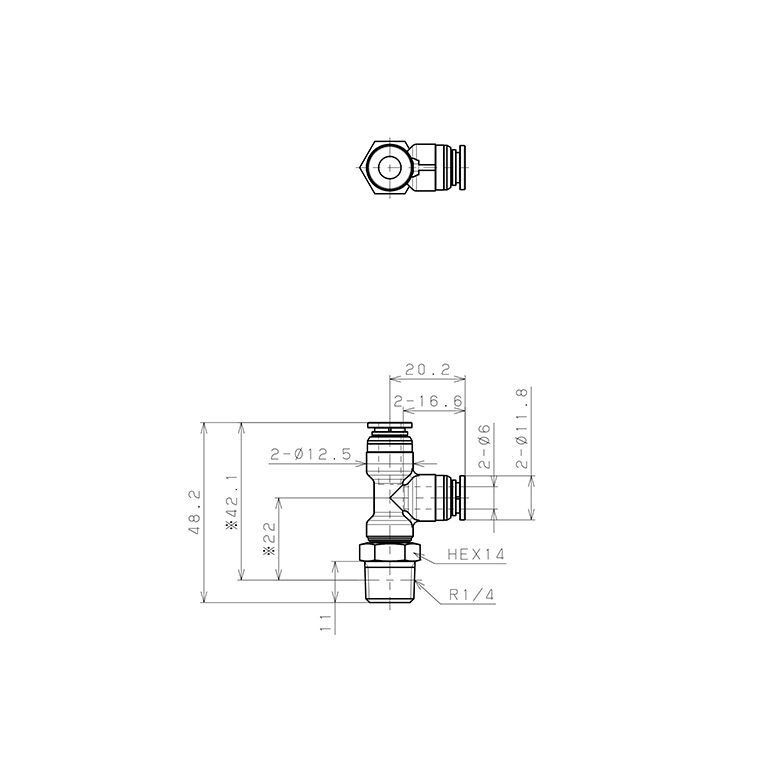Bản vẽ kỹ thuật Đầu Nối Nhanh Khí Nén Dạng Chữ T Ren Ngoài Pisco KD6-02-1-F