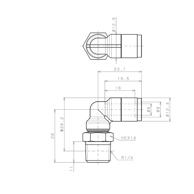 Bản vẽ kỹ thuật Đầu Nối Nhanh Khí Nén Dạng Cong 90° Ren Ngoài Pisco KL6-02-F