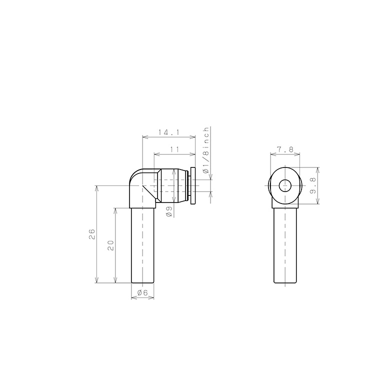Bản vẽ kỹ thuật Đầu Nối Nhanh Khí Nén Giữa Ống Khí Và Fitting Dạng Nối Giảm Cong 90° Pisco PLGJ6-1/8M