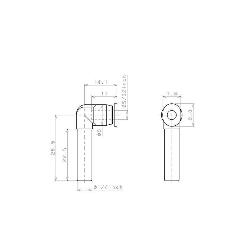 Bản vẽ kỹ thuật Đầu Nối Nhanh Khí Nén Giữa Ống Khí Và Fitting Dạng Nối Giảm Cong 90° Pisco PLGJ1/4-5/32M