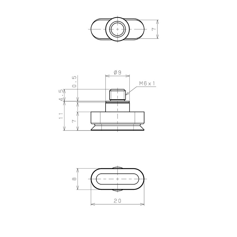 Bản vẽ kỹ thuật Bộ Nấm Hút Chân Không Hình Oval Bầu Dục Có Vít Ren, Nitrile,  O.D 8x20 mm, Pisco VP8x20EN-M6