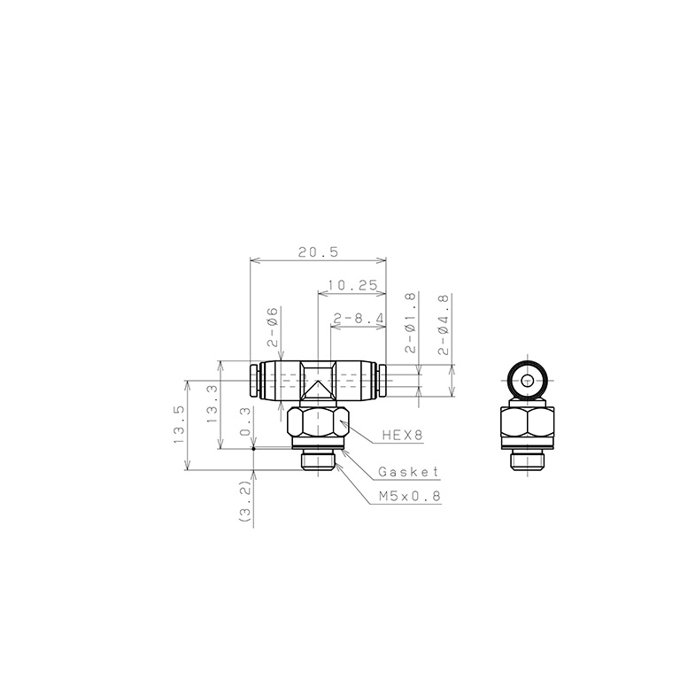 Bản vẽ kỹ thuật Đầu Nối Nhanh Khí Nén Dạng Chữ T Ren Ngoài Pisco PB180-M5M-C
