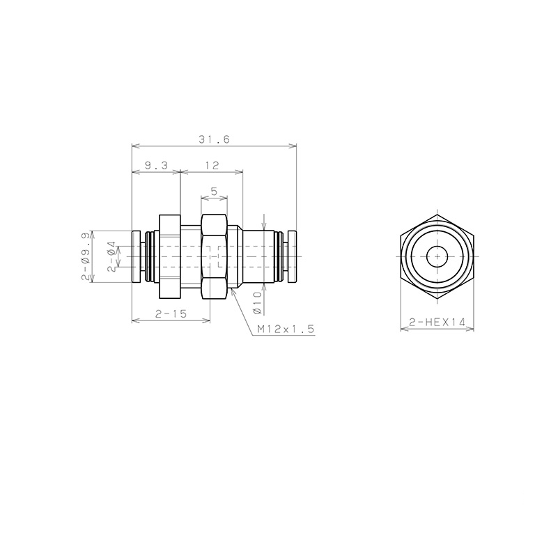 Bản vẽ kỹ thuật Đầu Nối Nhanh Khí Nén Dạng Thẳng Ren Ngoài Lắp Kẹp Vách Pisco PPMP4-HN