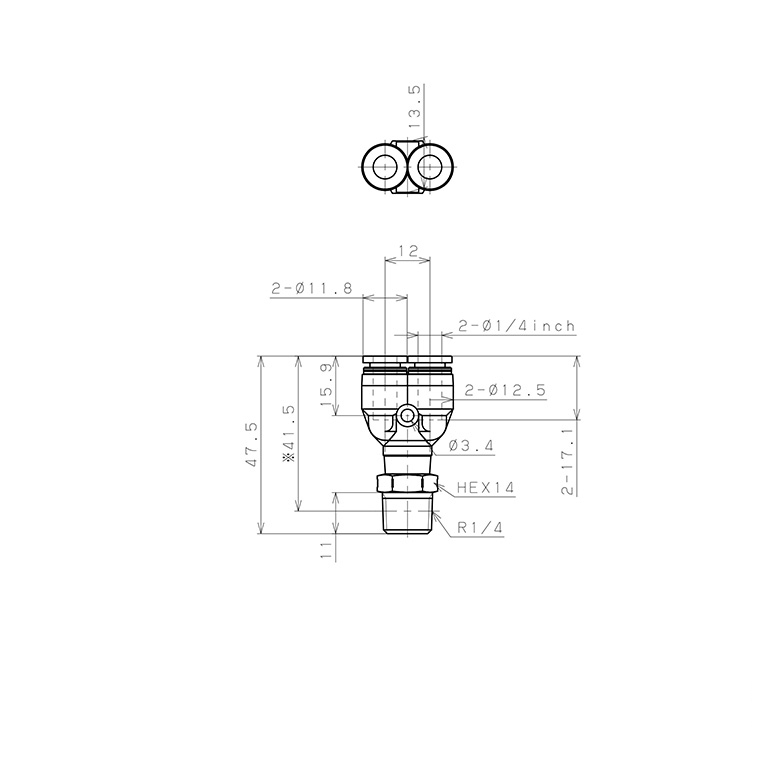 Bản vẽ kỹ thuật Đầu Nối Nhanh Khí Nén Dạng Chữ Y Ren Ngoài Pisco PPX1/4-02SUS-F