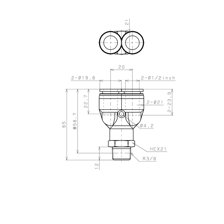 Bản vẽ kỹ thuật Đầu Nối Nhanh Khí Nén Dạng Chữ Y Ren Ngoài Pisco PPX1/2-03SUS