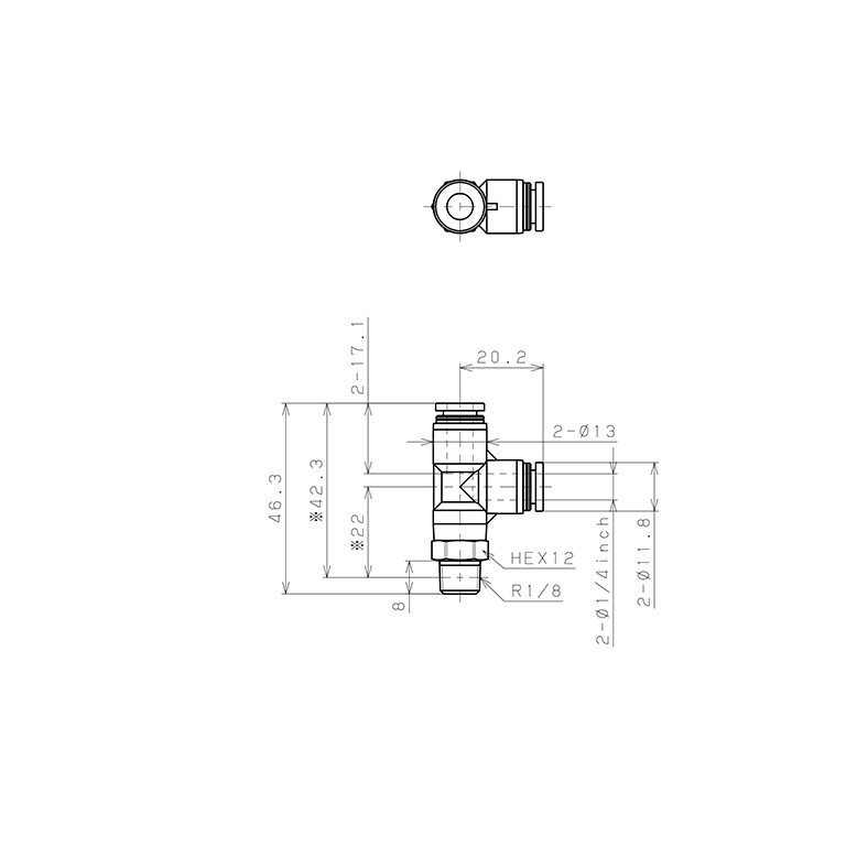 Bản vẽ kỹ thuật Đầu Nối Nhanh Khí Nén Dạng Chữ T Ren Ngoài Pisco PPD1/4-01-F