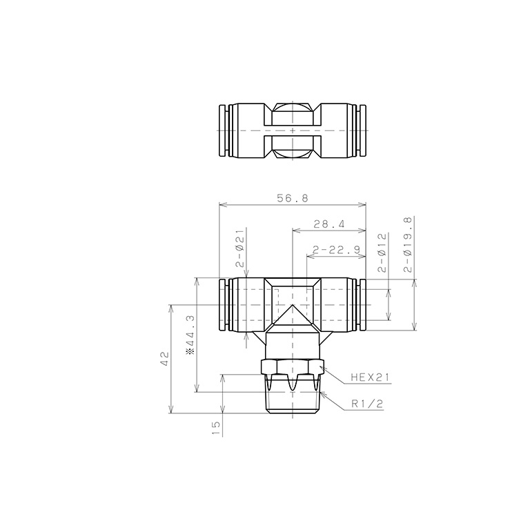 Bản vẽ kỹ thuật Đầu Nối Nhanh Khí Nén Dạng Chữ T Ren Ngoài Pisco SPB12-04