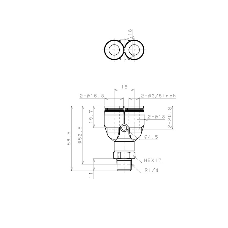 Bản vẽ kỹ thuật Đầu Nối Nhanh Khí Nén Dạng Chữ Y Ren Ngoài Pisco PPX3/8-02-F