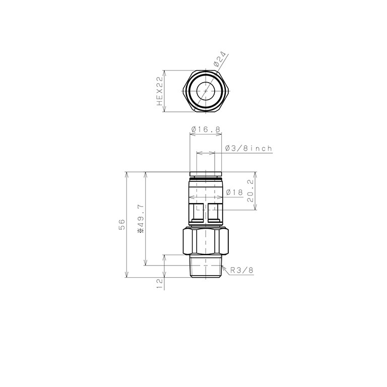 Bản vẽ kỹ thuật Đầu Nối Nhanh Khí Nén Dạng Thẳng Ren Ngoài Có Khớp Xoay Pisco RC3/8-03