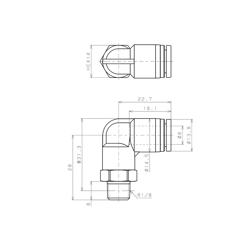 Bản vẽ kỹ thuật Đầu Nối Nhanh Khí Nén Dạng Cong 90° Ren Ngoài Pisco SPPL8-01SP