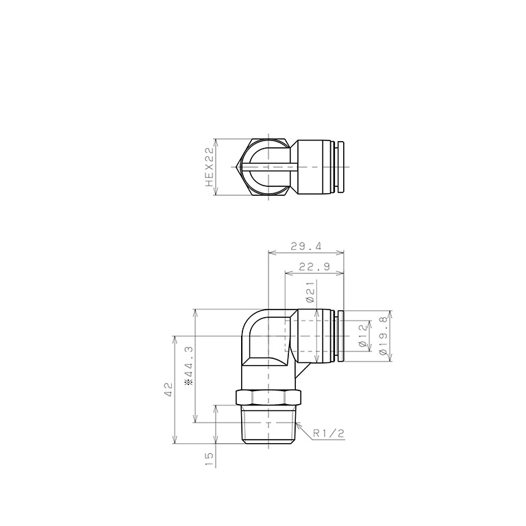 Bản vẽ kỹ thuật Đầu Nối Nhanh Khí Nén Dạng Cong 90° Ren Ngoài Pisco SPPL12-04