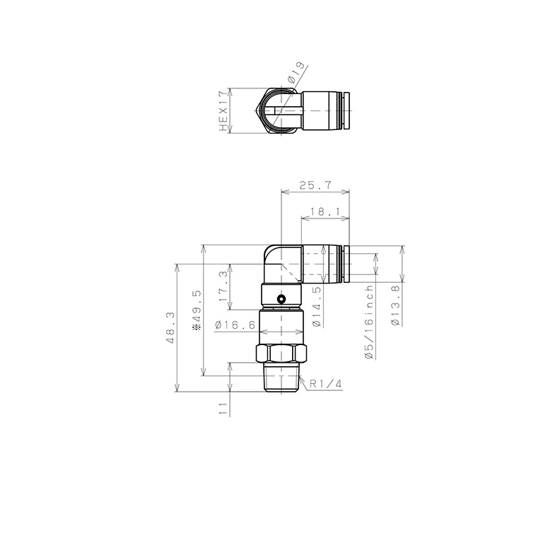 Bản vẽ kỹ thuật Đầu Nối Nhanh Khí Nén Dạng Cong 90° Ren Ngoài Có Khớp Xoay Tốc Độ Cao Pisco RHL5/16-02