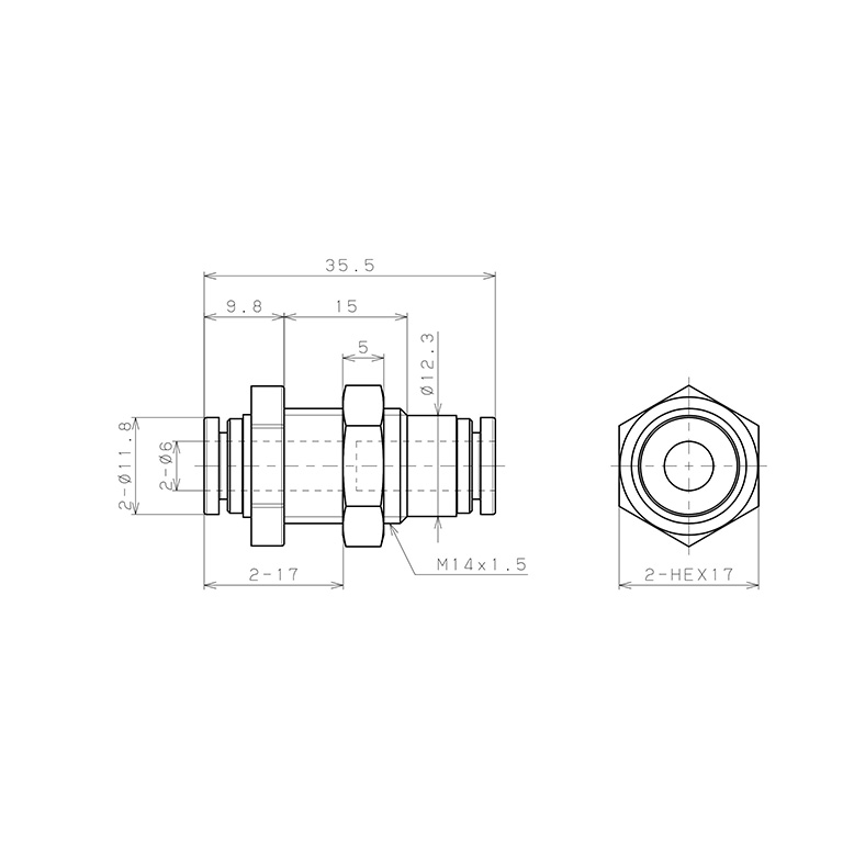 Bản vẽ kỹ thuật Đầu Nối Nhanh Khí Nén Dạng Thẳng Ren Ngoài Lắp Kẹp Vách Pisco SPPMP6