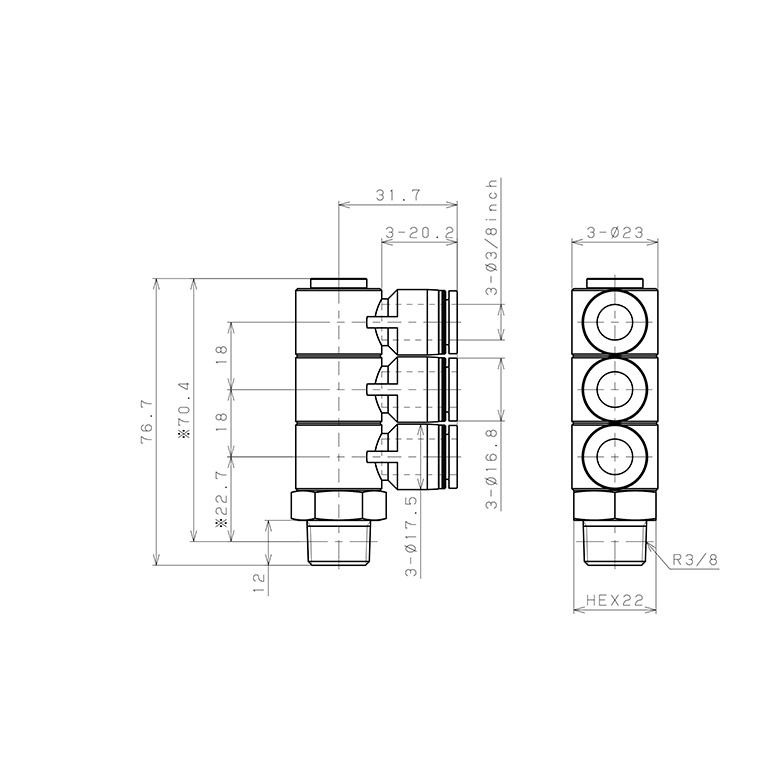 Bản vẽ kỹ thuật Đầu Nối Nhanh Khí Nén Ba Nhánh Cong 90° Thân Lục Giác Trụ Ren Ngoài Pisco PHT3/8-03