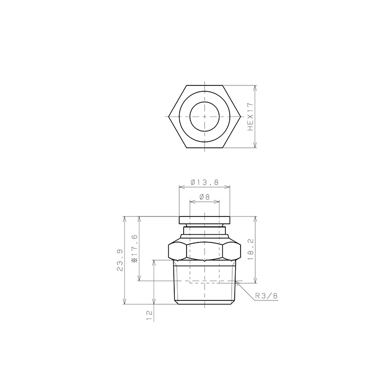 Bản vẽ kỹ thuật Đầu Nối Nhanh Khí Nén Dạng Thẳng Thân Lục Giác Ren Ngoài Pisco SPPC8-03SP