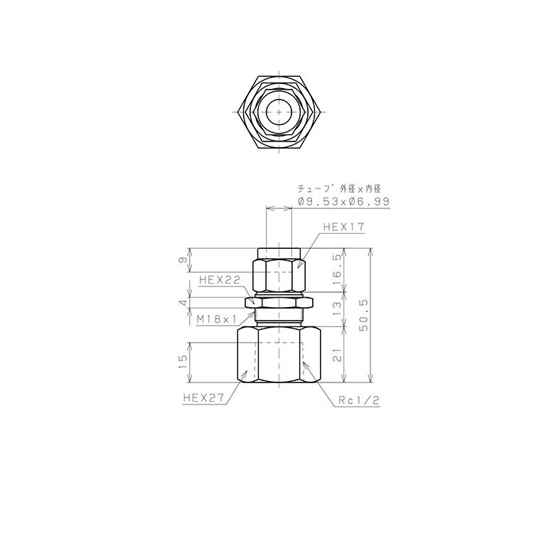Bản vẽ kỹ thuật Đầu Ngạnh Nối Ống Có Đai Ốc Xiết Dạng Lắp Vách Ren Trong Pisco NSMF3/8-04