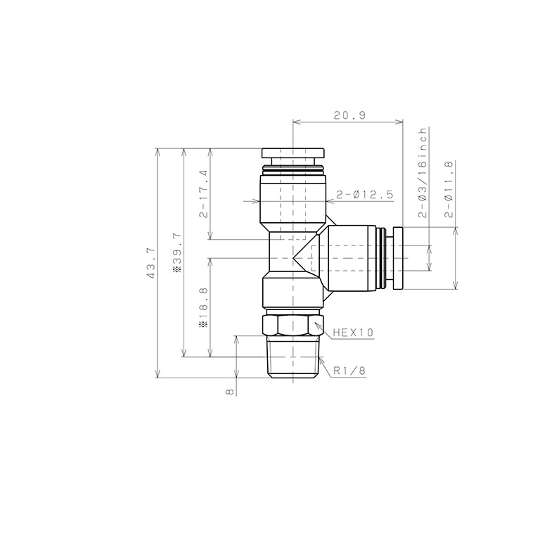 Bản vẽ kỹ thuật Đầu Nối Nhanh Khí Nén Dạng Chữ T Ren Ngoài Pisco PD3/16-01-C