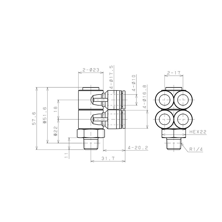 Bản vẽ kỹ thuật Đầu Nối Nhanh Khí Nén Bốn Nhánh Cong 90° Thân Lục Giác Trụ Ren Ngoài Pisco SPAW10-02