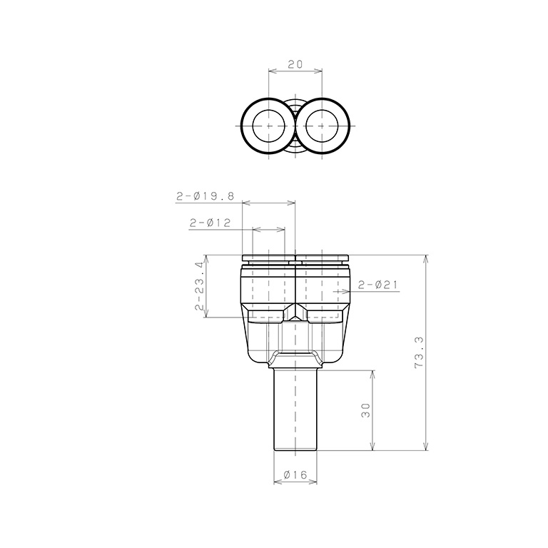 Bản vẽ kỹ thuật Đầu Nối Nhanh Khí Nén Giữa Ống Khí Và Fitting Dạng Nối Giảm Chữ Y Pisco SPWJ16-12