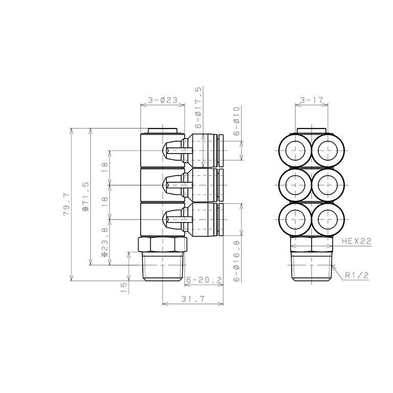 Bản vẽ kỹ thuật Đầu Nối Nhanh Khí Nén Sáu Nhánh Cong 90° Thân Lục Giác Trụ Ren Ngoài Pisco SPAT10-04