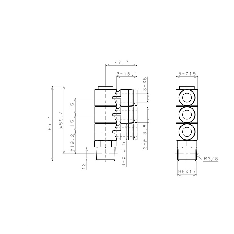 Bản vẽ kỹ thuật Đầu Nối Nhanh Khí Nén Ba Nhánh Cong 90° Thân Lục Giác Trụ Ren Ngoài Pisco PHT8-03-C