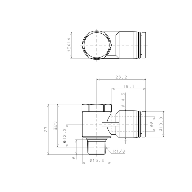 Bản vẽ kỹ thuật Đầu Nối Nhanh Khí Nén Cong 90° Đầu Lục Giác Trụ Ren Ngoài Pisco PH8-01-C