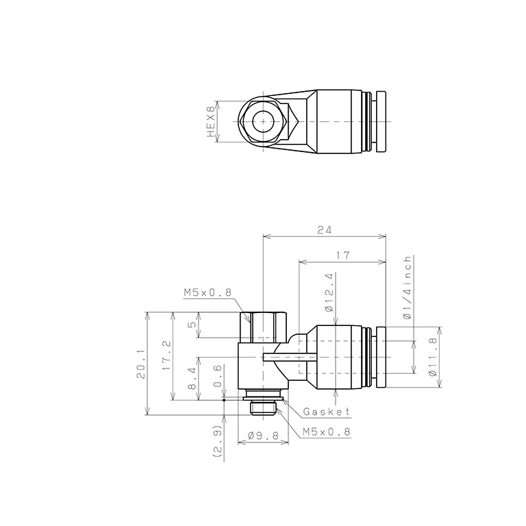 Bản vẽ kỹ thuật Đầu Nối Nhanh Khí Nén Cong 90° Đầu Lục Giác Trụ Ren Đực Cái Pisco PHF1/4-M5