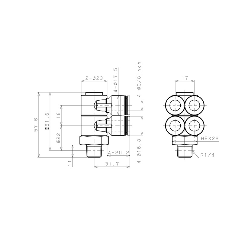 Bản vẽ kỹ thuật Đầu Nối Nhanh Khí Nén Bốn Nhánh Cong 90° Thân Lục Giác Trụ Ren Ngoài Pisco PAW3/8-02