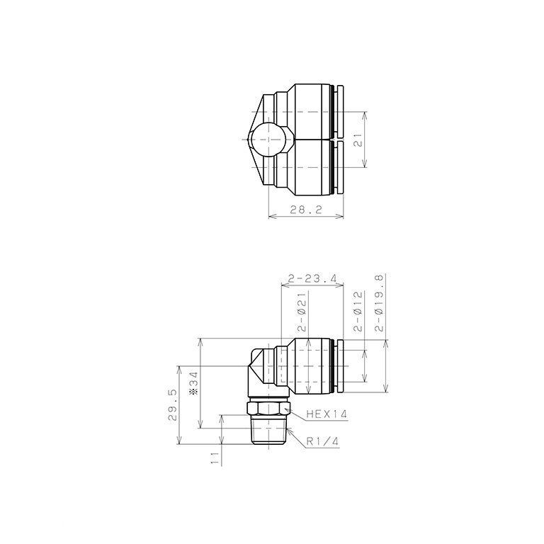 Bản vẽ kỹ thuật Đầu Nối Nhanh Khí Nén Hai Nhánh Cong 90° Ren Ngoài Pisco PAX12-02