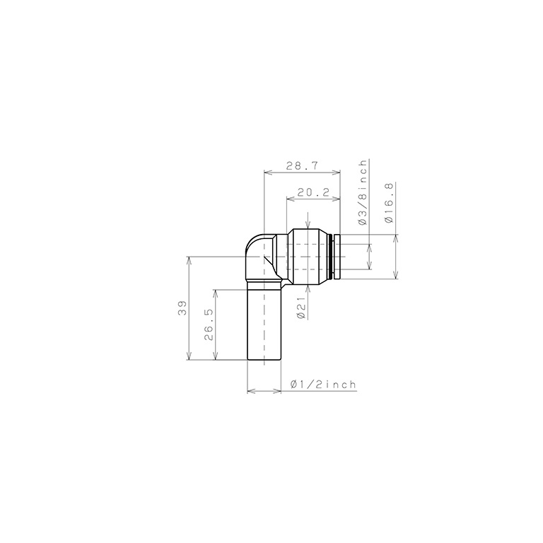 Bản vẽ kỹ thuật Đầu Nối Nhanh Khí Nén Giữa Ống Khí Và Fitting Dạng Nối Giảm Cong 90° Pisco PLGJ1/2-3/8