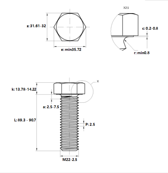 Bản vẽ kỹ thuật Bulong Nhúng Nóng 8.8 DIN933 M22x90
