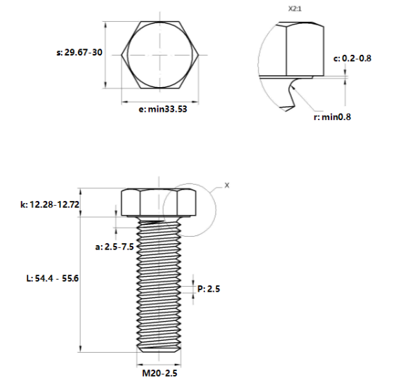 Bản vẽ kỹ thuật Bulong Nhúng Nóng 8.8 DIN933 M20x55