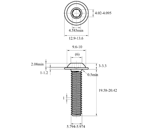 Bản vẽ kỹ thuật Lục Giác Chìm Mo Thép Mạ Kẽm Trắng Cr3+ 10.9 ISO7380-2 M6x20