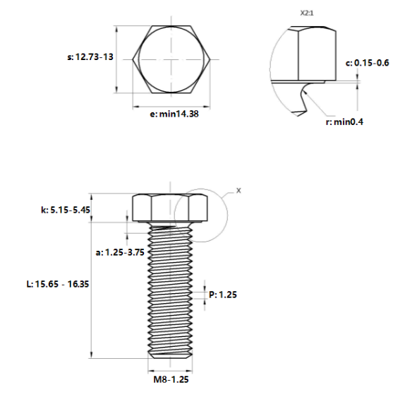 Bản vẽ kỹ thuật Bulong Mạ Kẽm Trắng Cr3+ 8.8 DIN933 M8x16